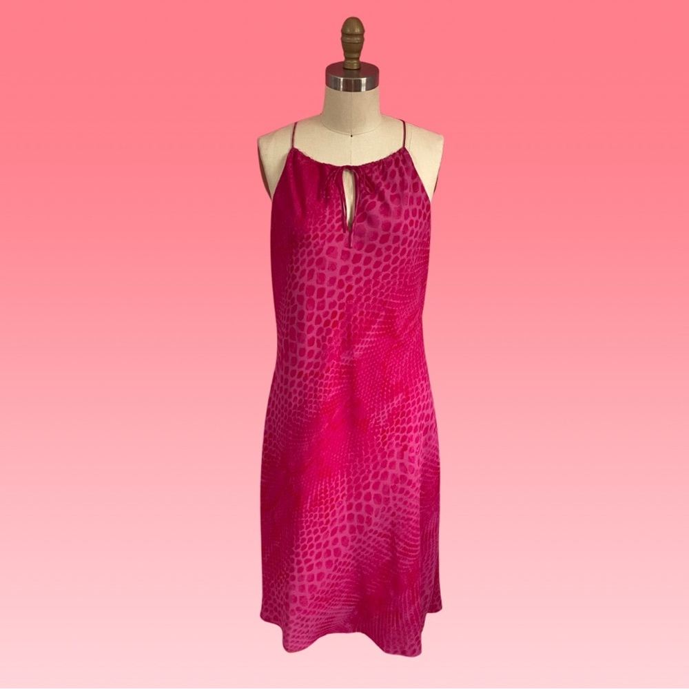 Vintage 90s/Y2K BarbieCore HOT Pink Snake Print Chiffon Keyhole Midi Dress ~M-L